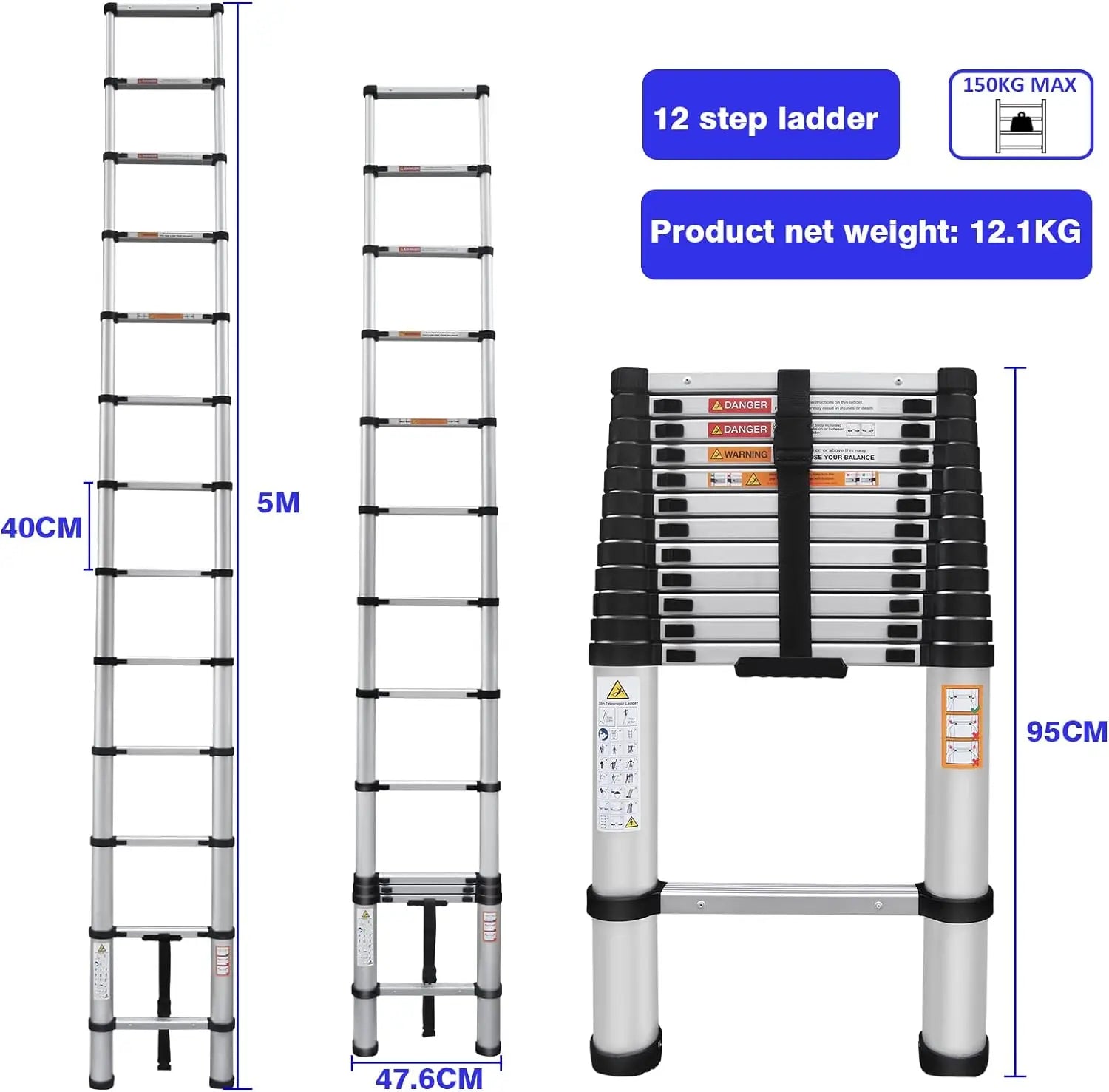 2.6M-5M Telescopic Ladder Sturdy Aluminum Telescoping Extension Ladder 330Lb Max Load EN131 for Household Outdoor Work