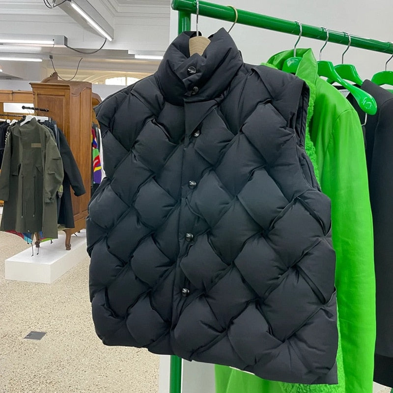 New Fashion Woven Pattern Warm Down Jacket Green Vest Loose Sleeveless Vest