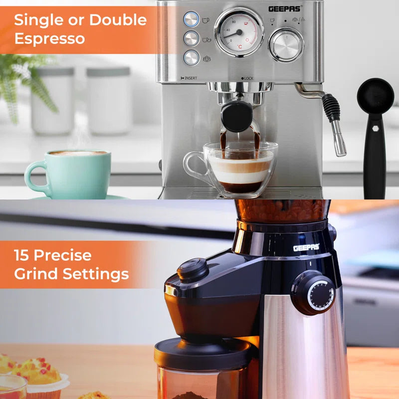 1140W Espresso & Cappuccino Coffee Machine & Conical Burr Coffee Grinder Combo Set- Milk Frother, Coffee Grinder with 15 Precise Settings