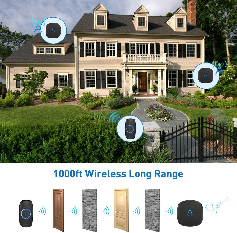 Wireless Doorbell, Plug in Waterproof Battery Operated Cordless Doorbell Operating at 1,000 Feet Long Range with 58 Chimes 5 Volume Levels LED Light Easy Install for Home, School, Office,Black