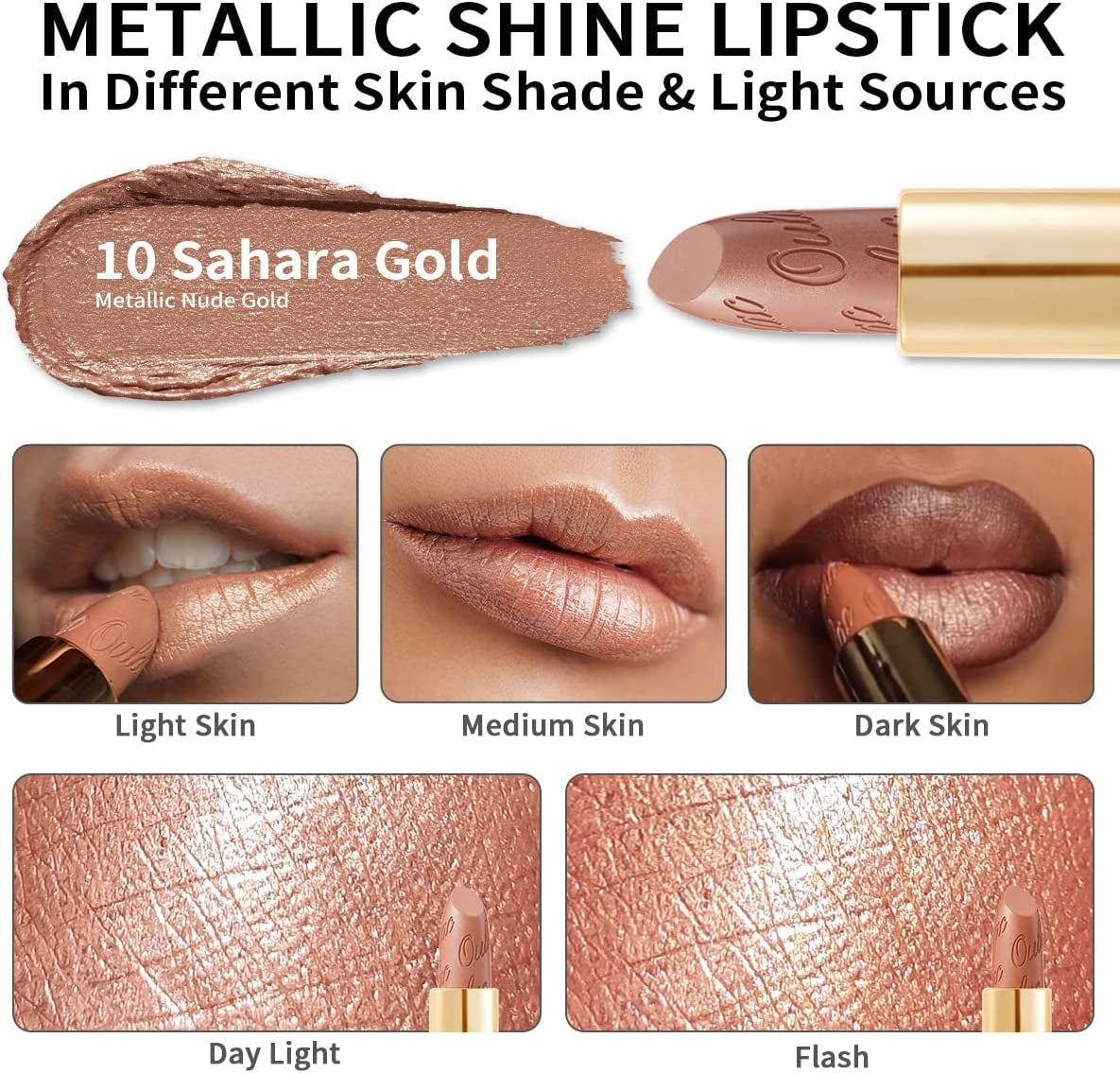 Metallic Shine Glitter Lipstick, Nude High Impact Lipcolor, Lightweight Soft and Ultra Hydrating, Long Lasting, Vegan & Cruelty-Free, Full-Coverage Lip Color 4.3 G/0.15 Sahara Gold(10)