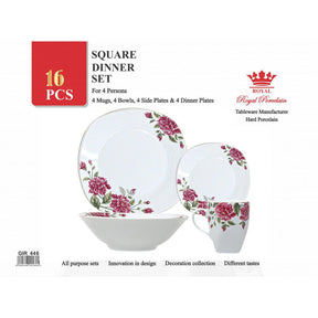 16PC Square Dinner Set Porcelain Dining Soup Plate Bowl Mug Dinnerware Printed