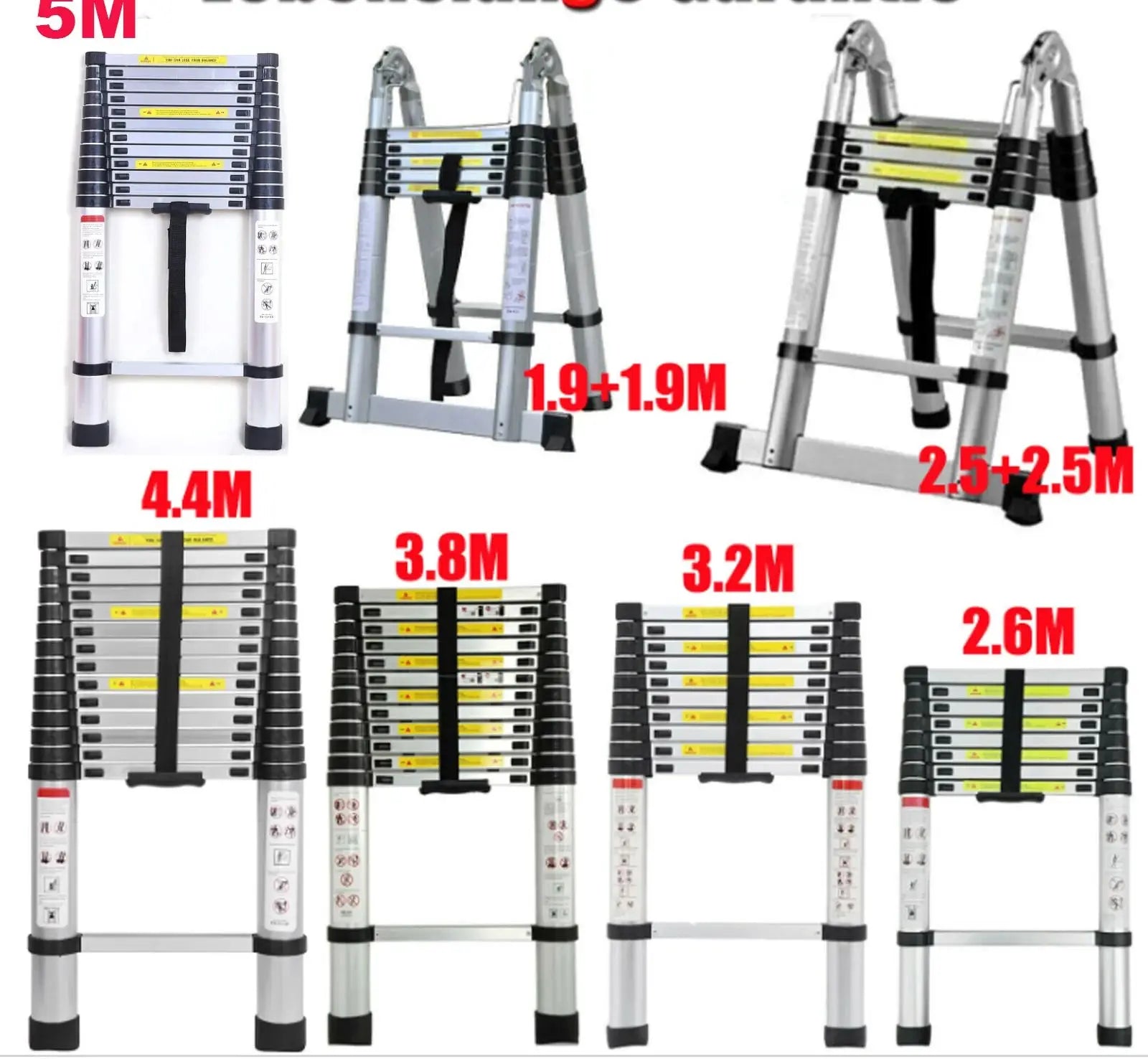 2.6M-5M Telescopic Ladder Sturdy Aluminum Telescoping Extension Ladder 330Lb Max Load EN131 for Household Outdoor Work