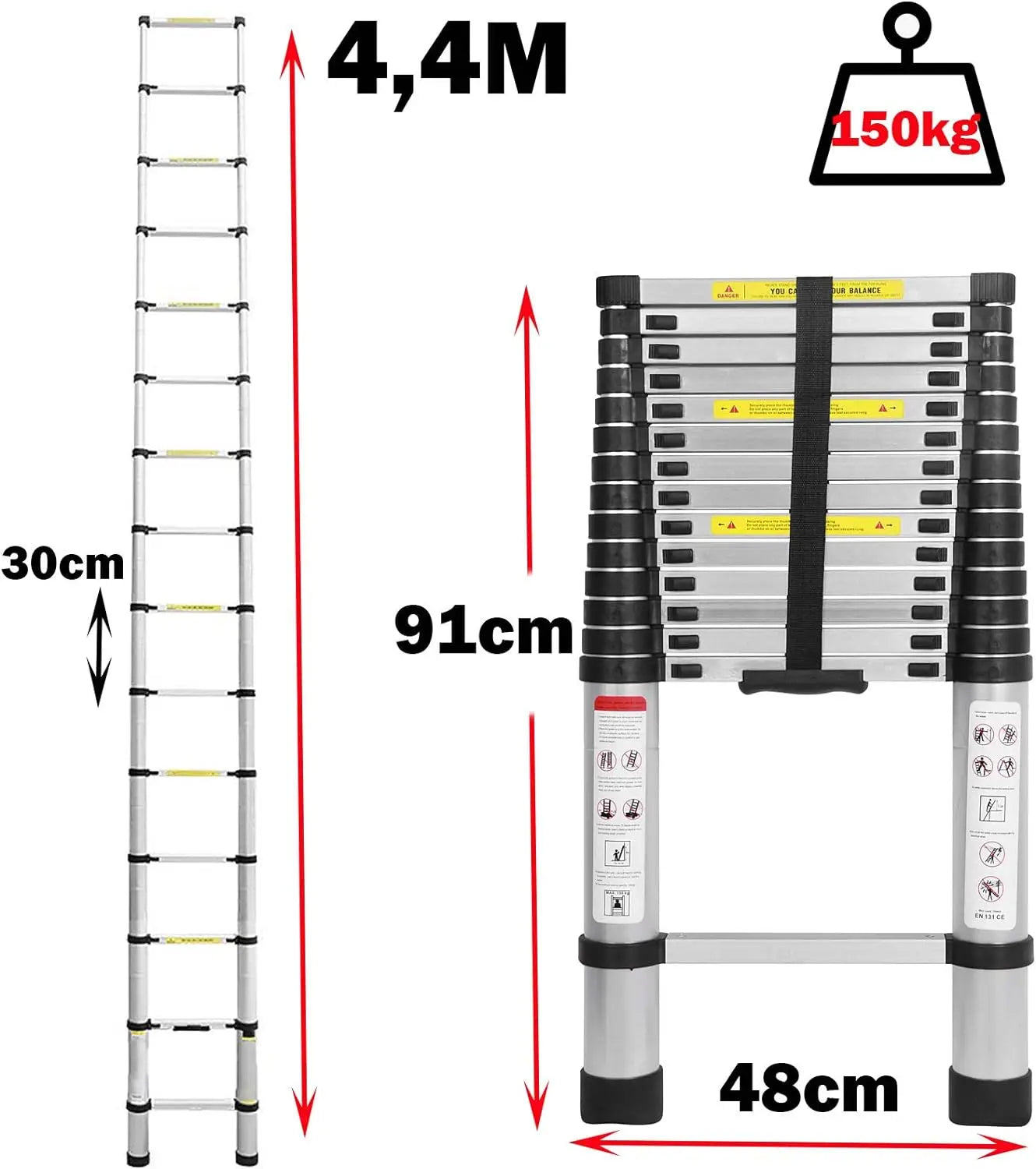 2.6M-5M Telescopic Ladder Sturdy Aluminum Telescoping Extension Ladder 330Lb Max Load EN131 for Household Outdoor Work