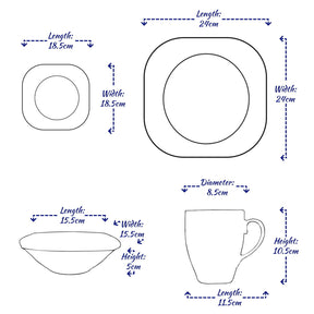 16PC Square Dinner Set Porcelain Dining Soup Plate Bowl Mug Dinnerware Printed