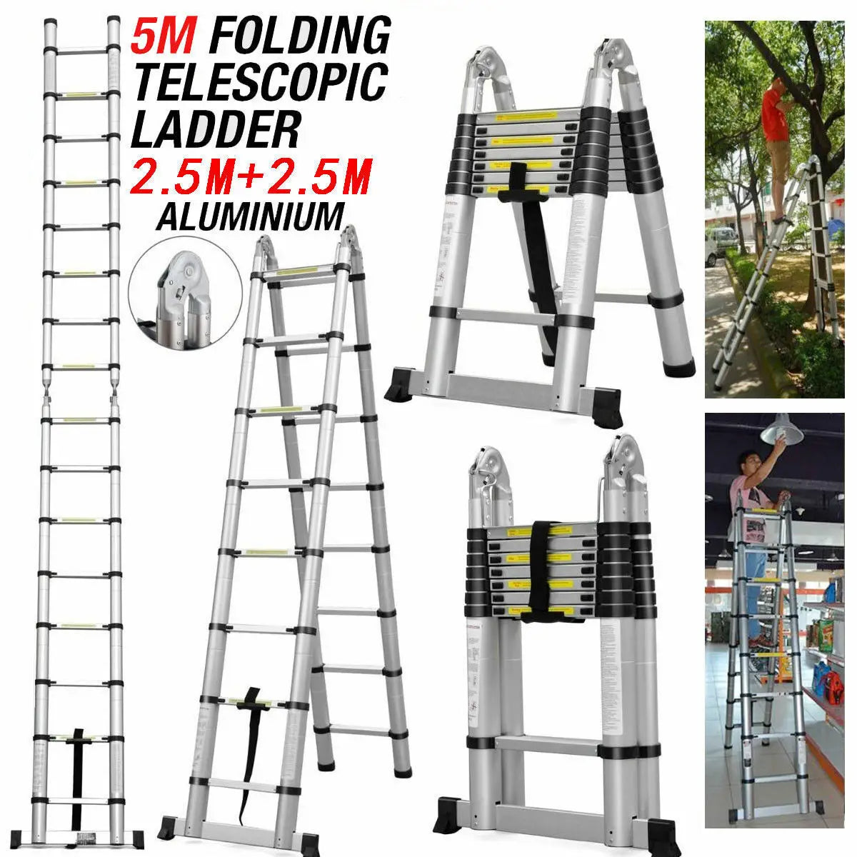 2.6M-5M Telescopic Ladder Sturdy Aluminum Telescoping Extension Ladder 330Lb Max Load EN131 for Household Outdoor Work