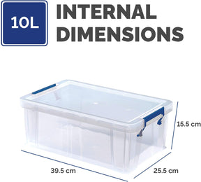 4X 10L Plastic Storage Boxes with Lids. Prostore Super Strong Stackable Plastic Storage Boxes (14 X 34 X 21.5Cm), Made in the UK, Clear