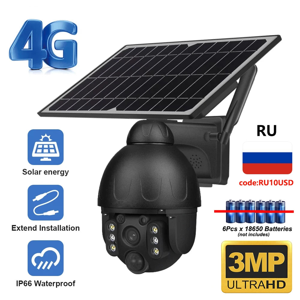 4G SIM Solar IP Camera PTZ Outdoor PIR Motion Detection Detachable Battery Wireless Security Camera CCTV Surveillance Solar Pane