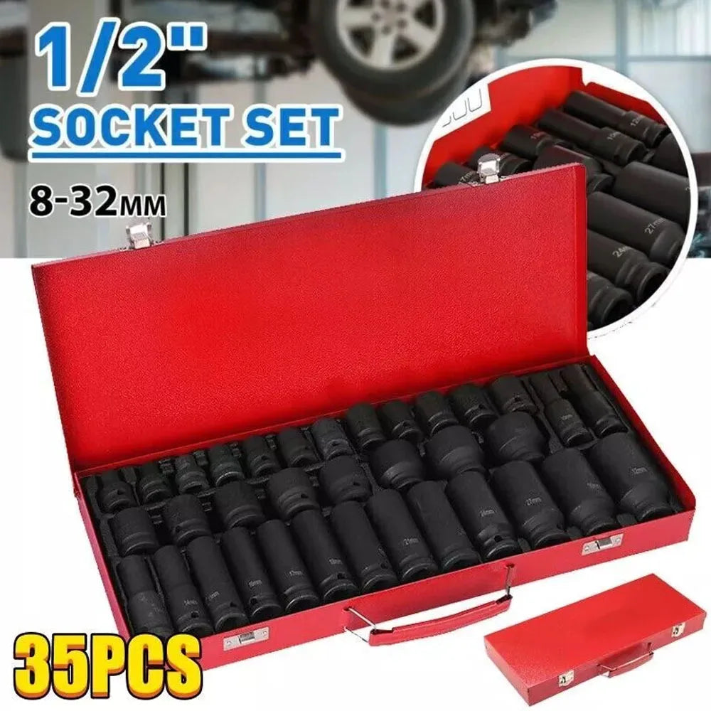 35Pcs Deep Impact Socket Set 1/2" Drive 6 Point Air Sockets Spindle Axle Nut Garage Workshop Car Auto Truck Repair Hand Tools