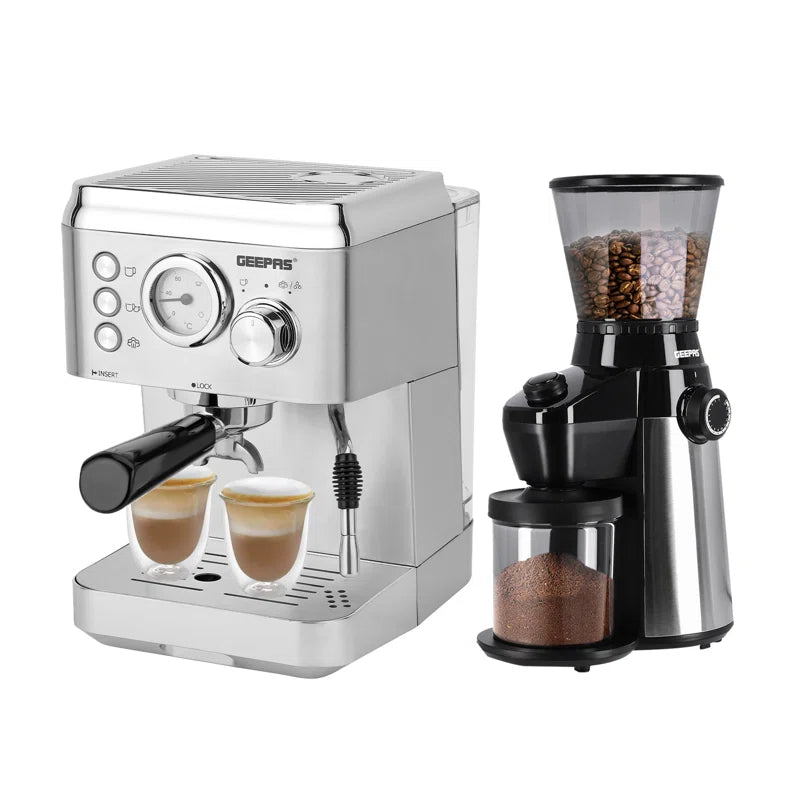 1140W Espresso & Cappuccino Coffee Machine & Conical Burr Coffee Grinder Combo Set- Milk Frother, Coffee Grinder with 15 Precise Settings