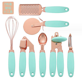 7 Pcs Kitchen Gadget Set Copper Coated Stainless Steel Utensils with Soft Touch Rose Gold Garlic Press Pizza Cutter