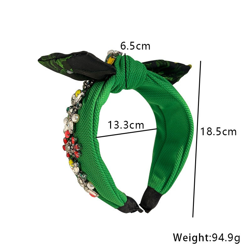 Fabric green bow headband with diamond inlaid pearl heavy industry headwear