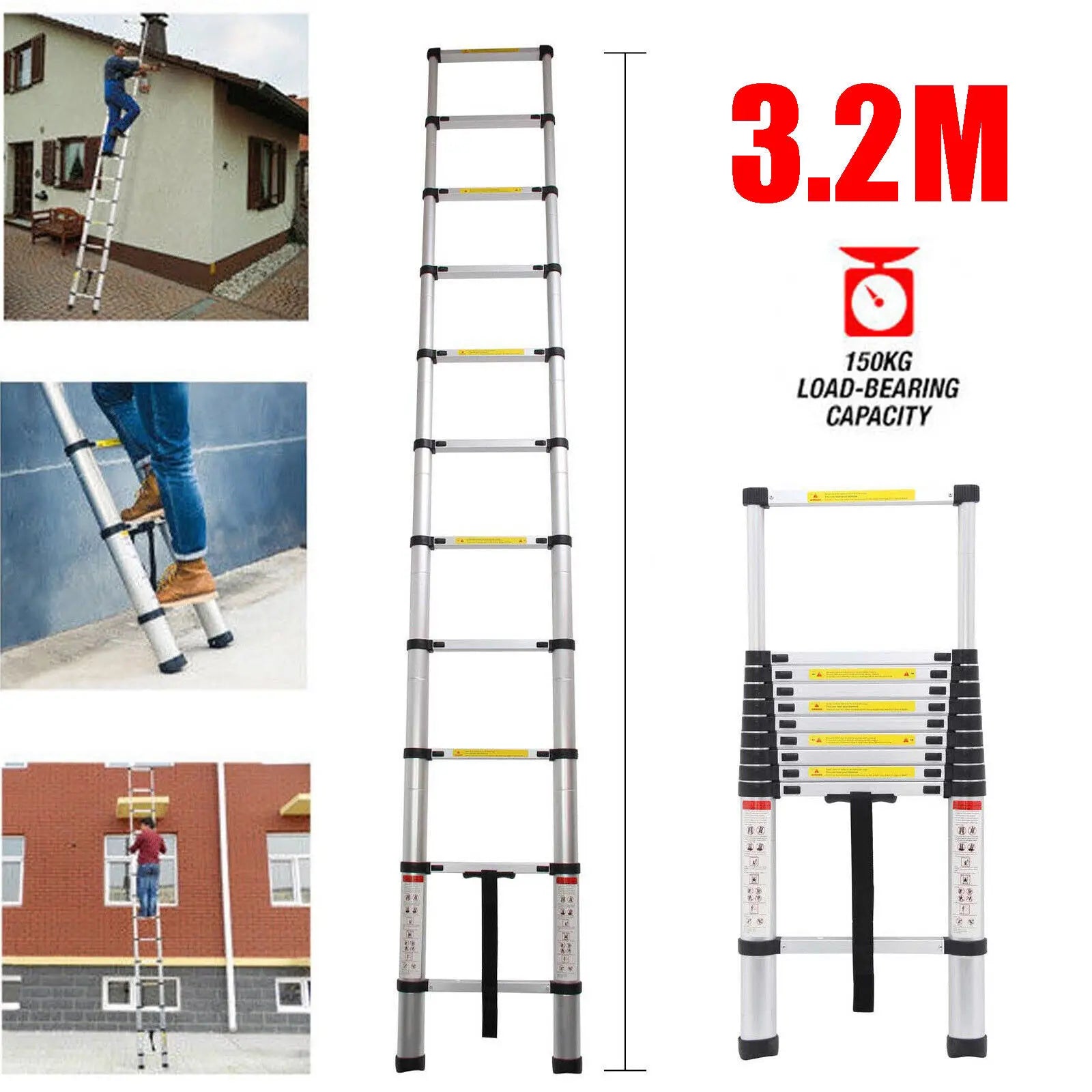 2.6M-5M Telescopic Ladder Sturdy Aluminum Telescoping Extension Ladder 330Lb Max Load EN131 for Household Outdoor Work