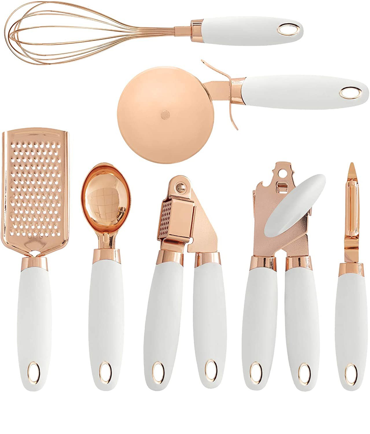 7 Pcs Kitchen Gadget Set Copper Coated Stainless Steel Utensils with Soft Touch Rose Gold Garlic Press Pizza Cutter