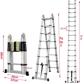 2.6M-5M Telescopic Ladder Sturdy Aluminum Telescoping Extension Ladder 330Lb Max Load EN131 for Household Outdoor Work