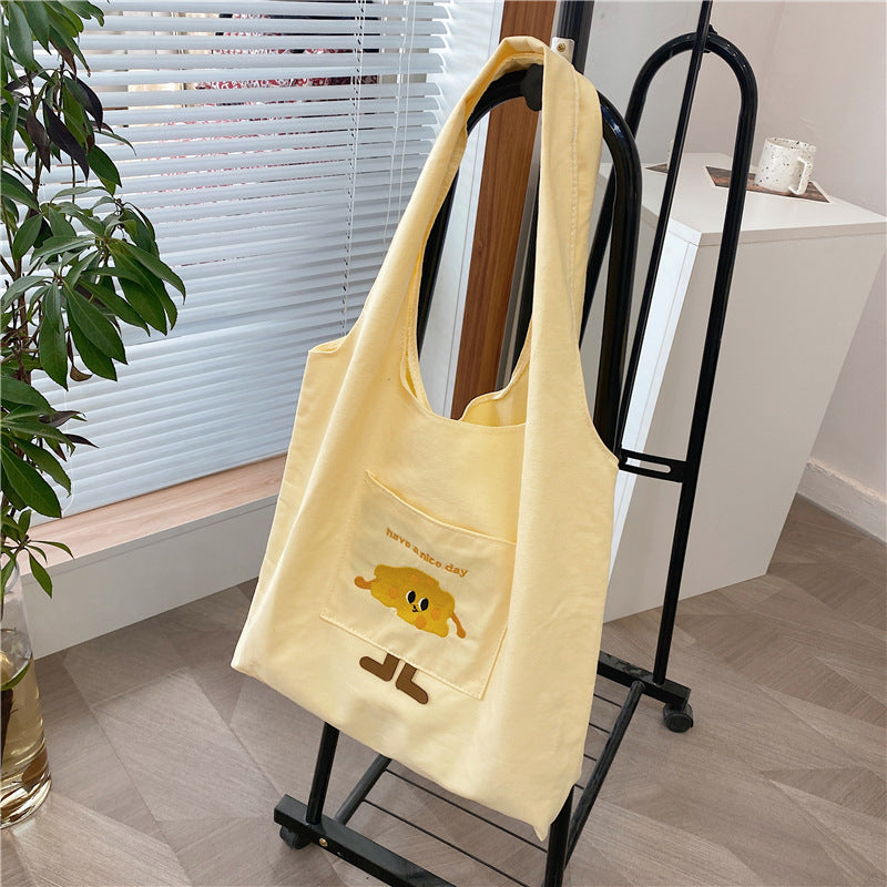 Small Fresh Canvas Bag Women's New Goose Yellow Wide Shoulder Strap Large Capacity Casual Shoulder Handbag