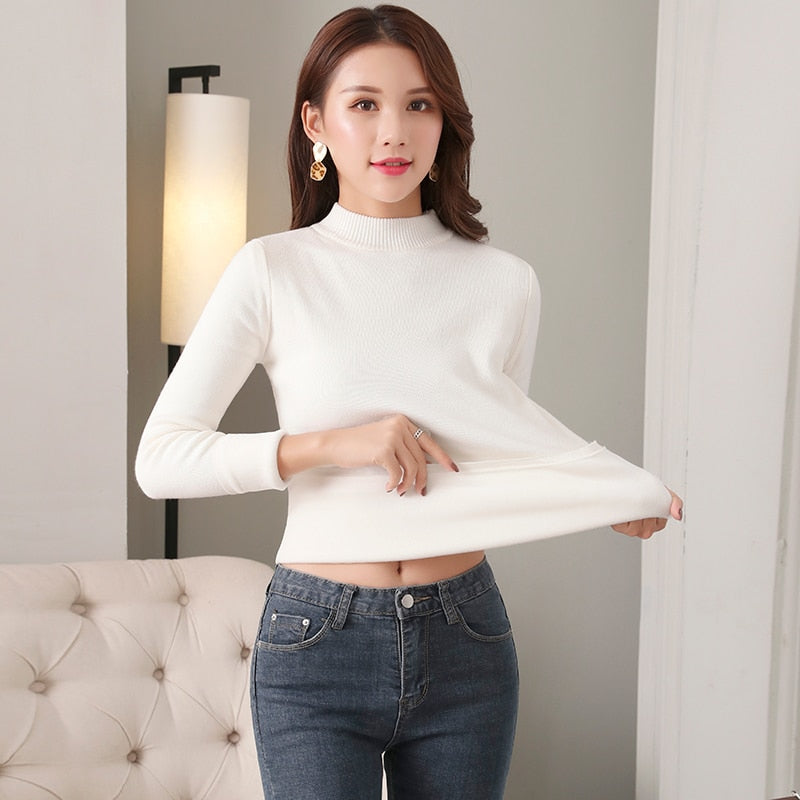 Women Thick Warm Sweaters Thermal Underwear Long Johns Solid O-neck Velvet Jumper Sweaters For Women Winter