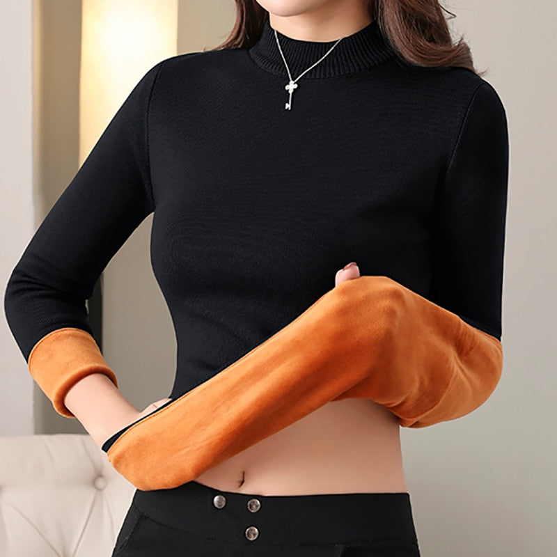 Women Thick Warm Sweaters Thermal Underwear Long Johns Solid O-neck Velvet Jumper Sweaters For Women Winter