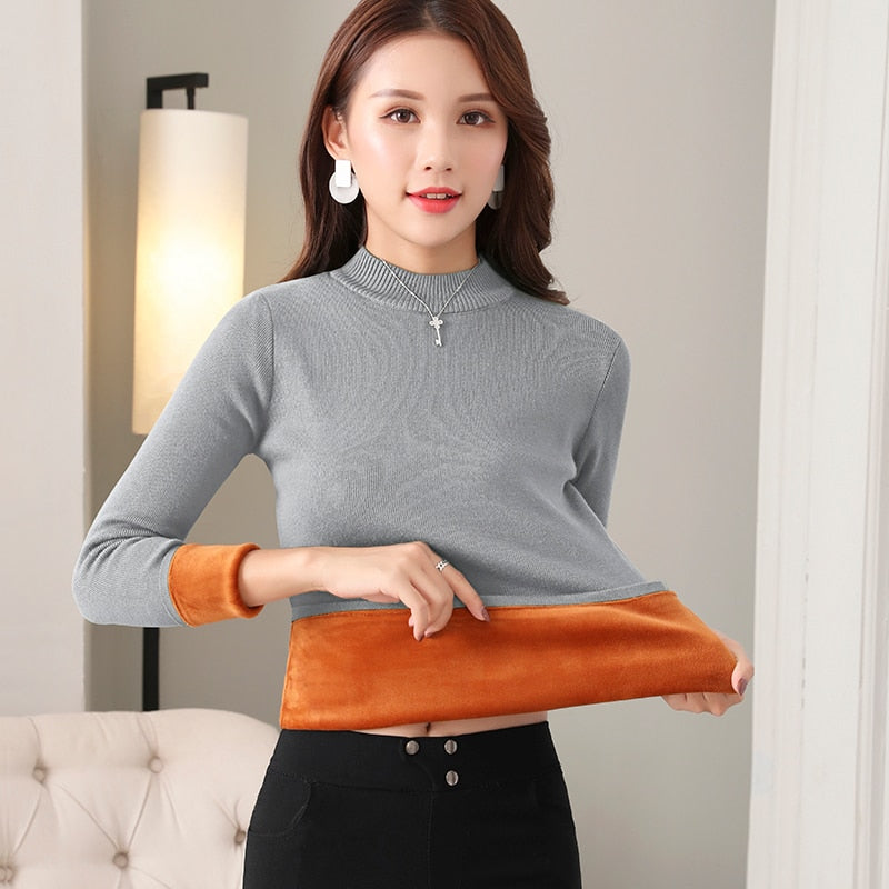 Women Thick Warm Sweaters Thermal Underwear Long Johns Solid O-neck Velvet Jumper Sweaters For Women Winter