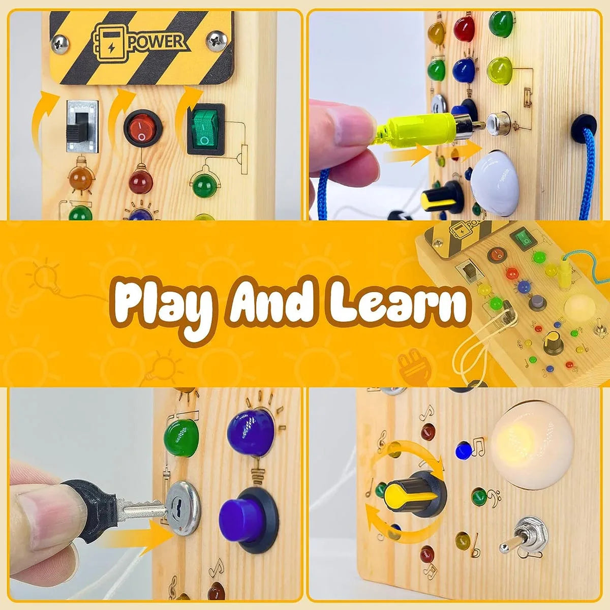 Montessori Busy Board Sensory Toys Wooden with LED Light Switch Control Board Travel Activities Kids Games for 2-4 Years Old