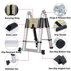 2.6M-5M Telescopic Ladder Sturdy Aluminum Telescoping Extension Ladder 330Lb Max Load EN131 for Household Outdoor Work