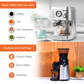 1140W Espresso & Cappuccino Coffee Machine & Conical Burr Coffee Grinder Combo Set- Milk Frother, Coffee Grinder with 15 Precise Settings