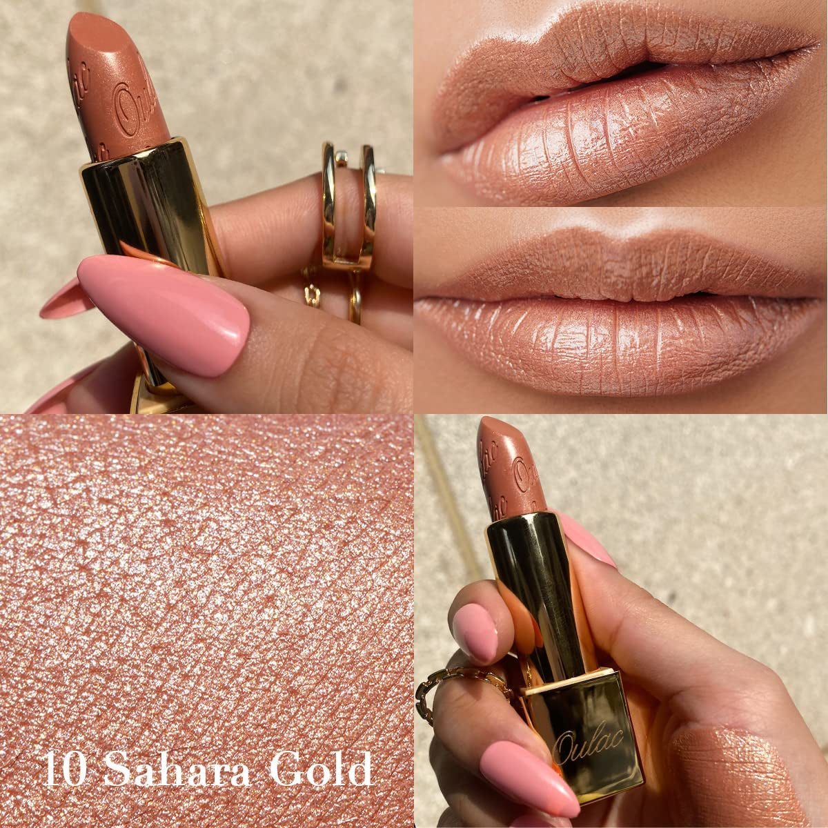 Metallic Shine Glitter Lipstick, Nude High Impact Lipcolor, Lightweight Soft and Ultra Hydrating, Long Lasting, Vegan & Cruelty-Free, Full-Coverage Lip Color 4.3 G/0.15 Sahara Gold(10)