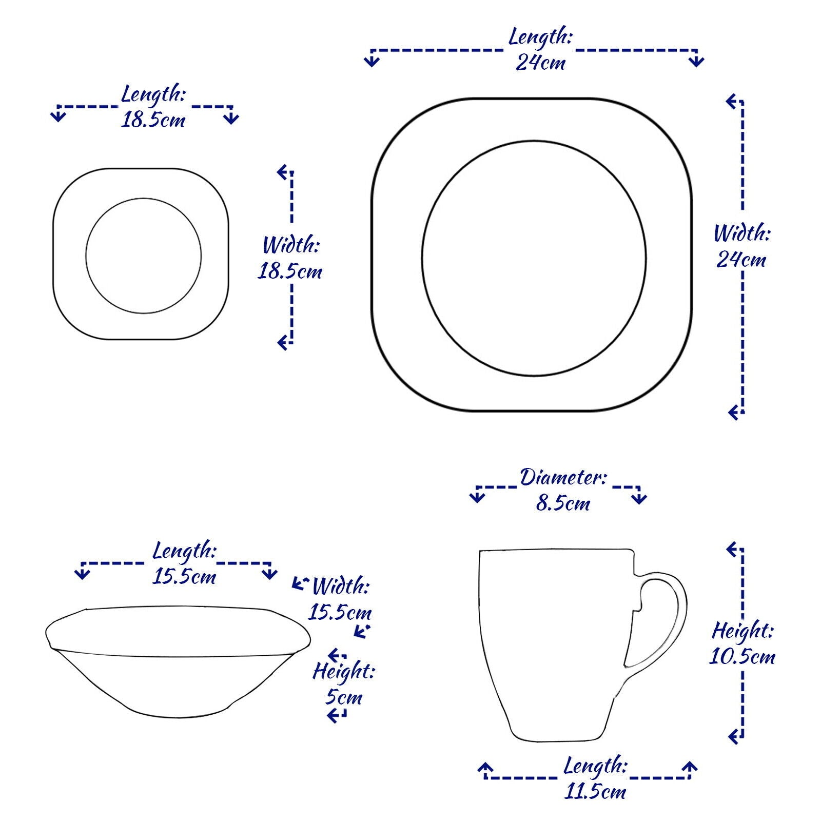 16PC Square Dinner Set Porcelain Dining Soup Plate Bowl Mug Dinnerware Printed