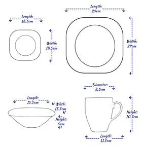 16PC Square Dinner Set Porcelain Dining Soup Plate Bowl Mug Dinnerware Printed