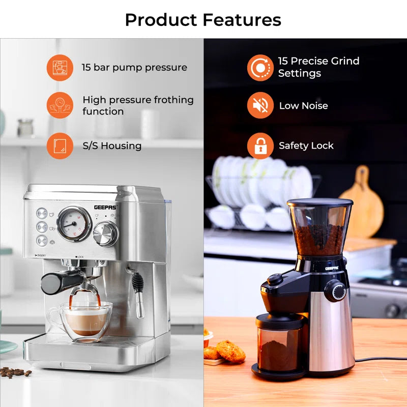 1140W Espresso & Cappuccino Coffee Machine & Conical Burr Coffee Grinder Combo Set- Milk Frother, Coffee Grinder with 15 Precise Settings