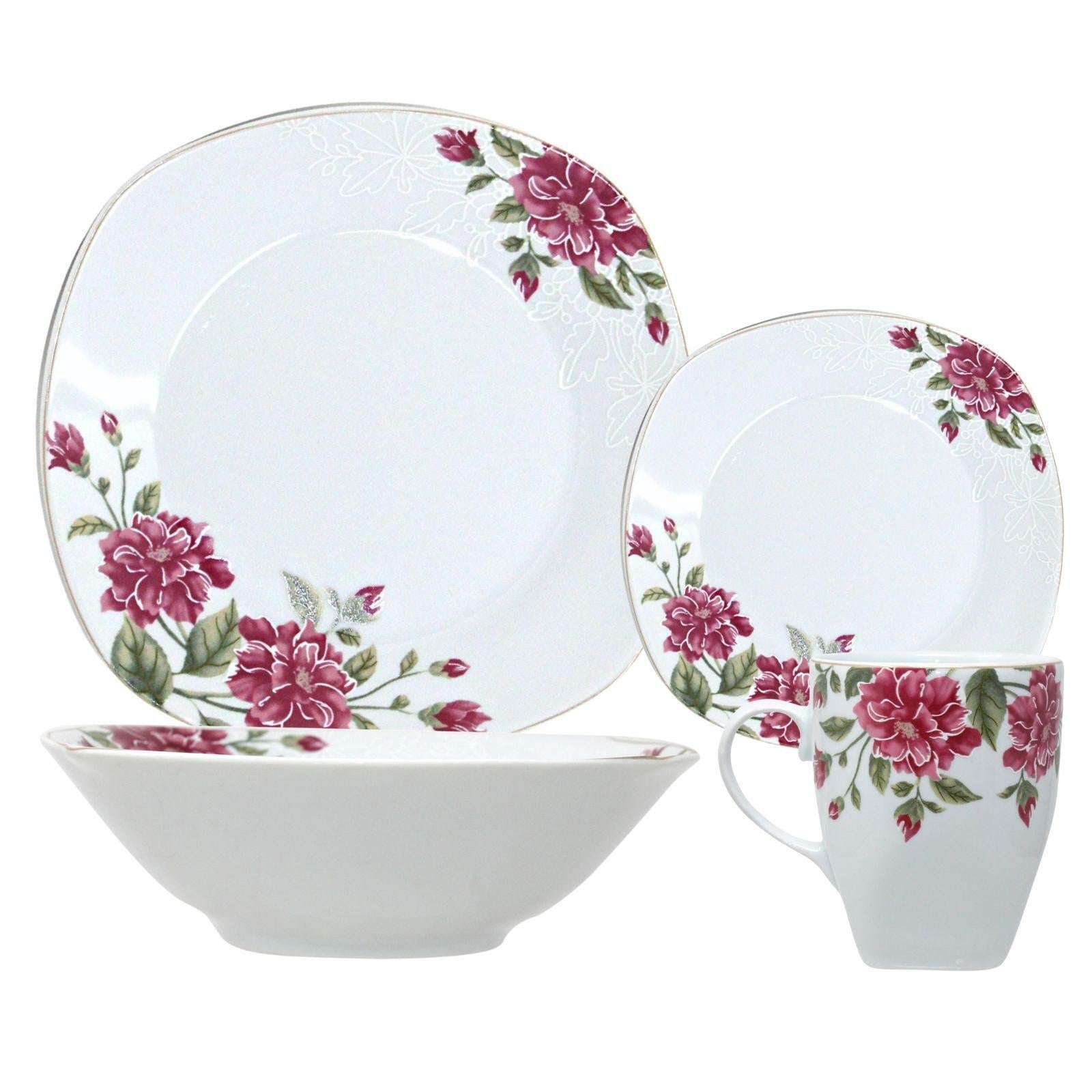 16PC Square Dinner Set Porcelain Dining Soup Plate Bowl Mug Dinnerware Printed