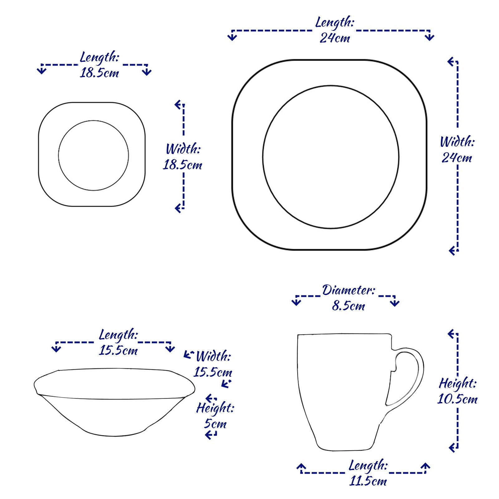 16PC Square Dinner Set Porcelain Dining Soup Plate Bowl Mug Dinnerware Printed