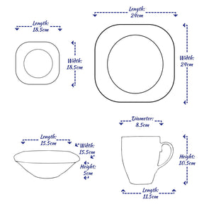 16PC Square Dinner Set Porcelain Dining Soup Plate Bowl Mug Dinnerware Printed